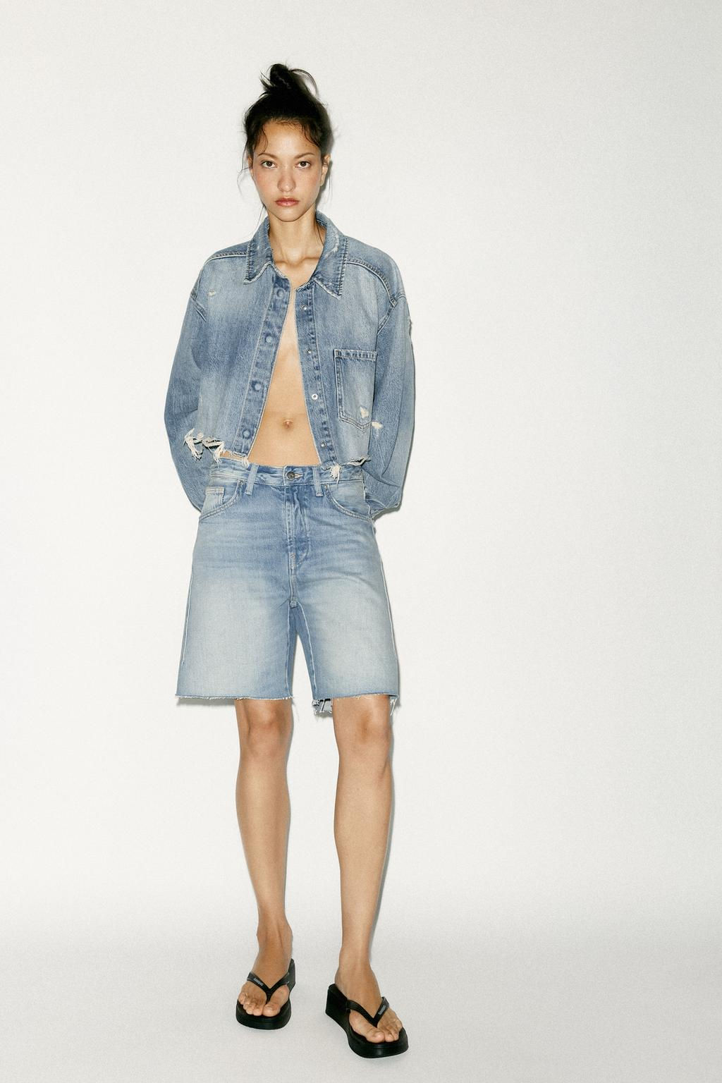 TRF MID-WAIST BELT LOOP DENIM BERMUDA SHORTS - Zara фото 2