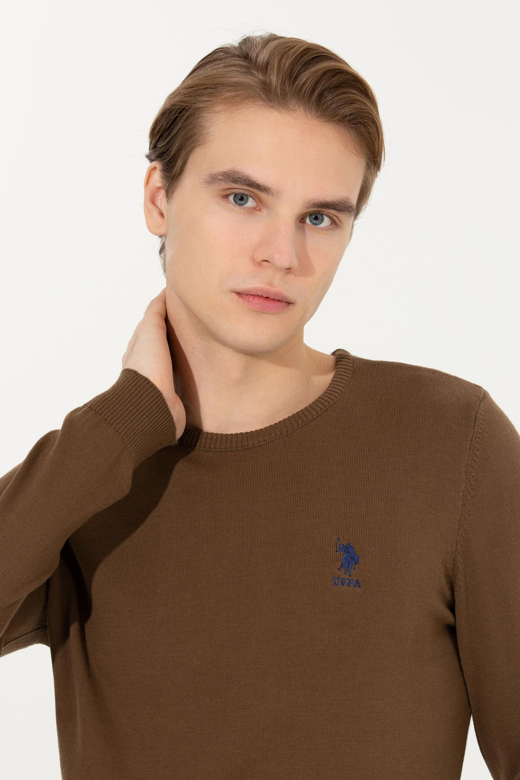 U. S. Polo Assn / Мужской базовый трикотажный свитер кокосового цвета с круглым вырезом - U.s. polo assn фото 14