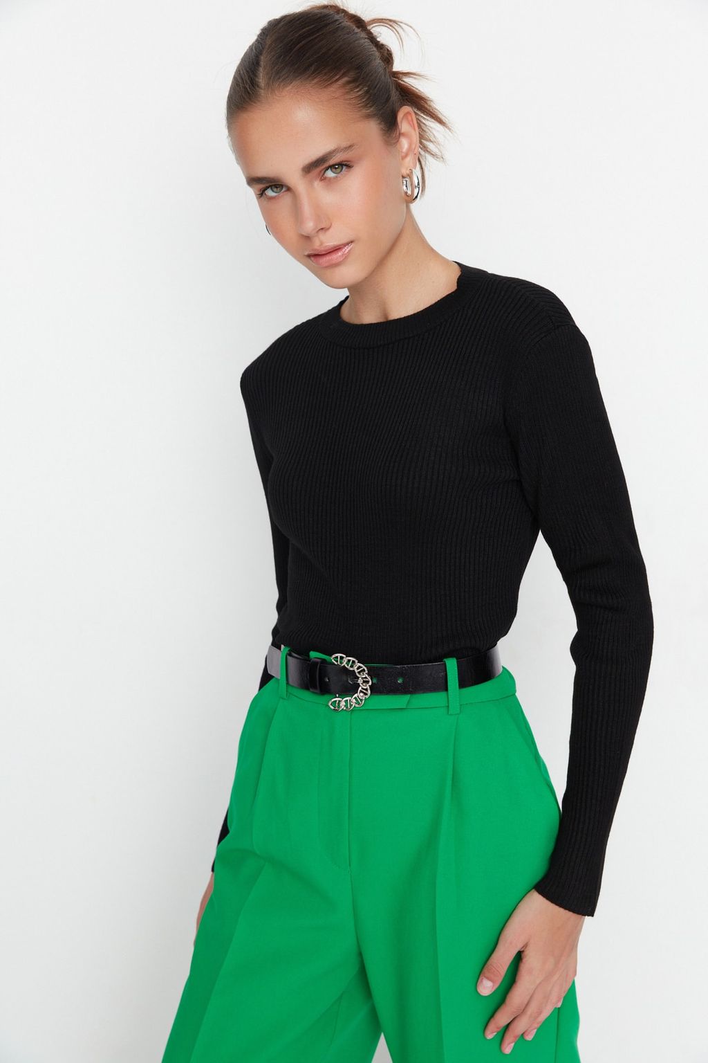 Siyah Basic Fitilli Triko Kazak TWOAW22KZ1708