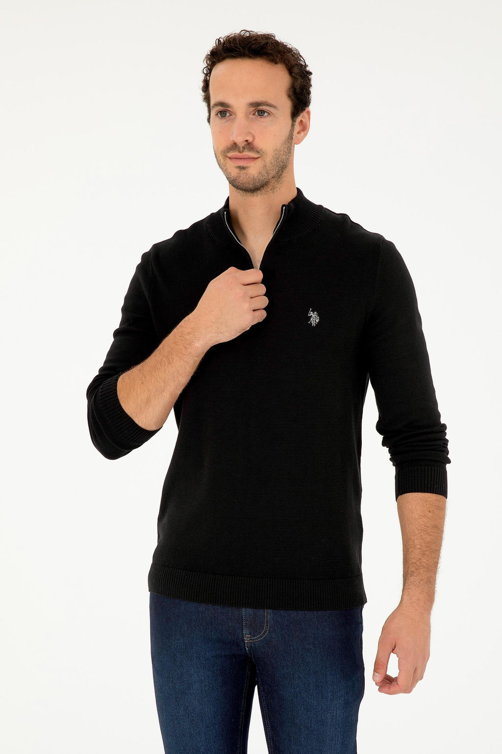 Erkek Slim Fit Yar_m Fermuarl_ Siyah Basic Kazak