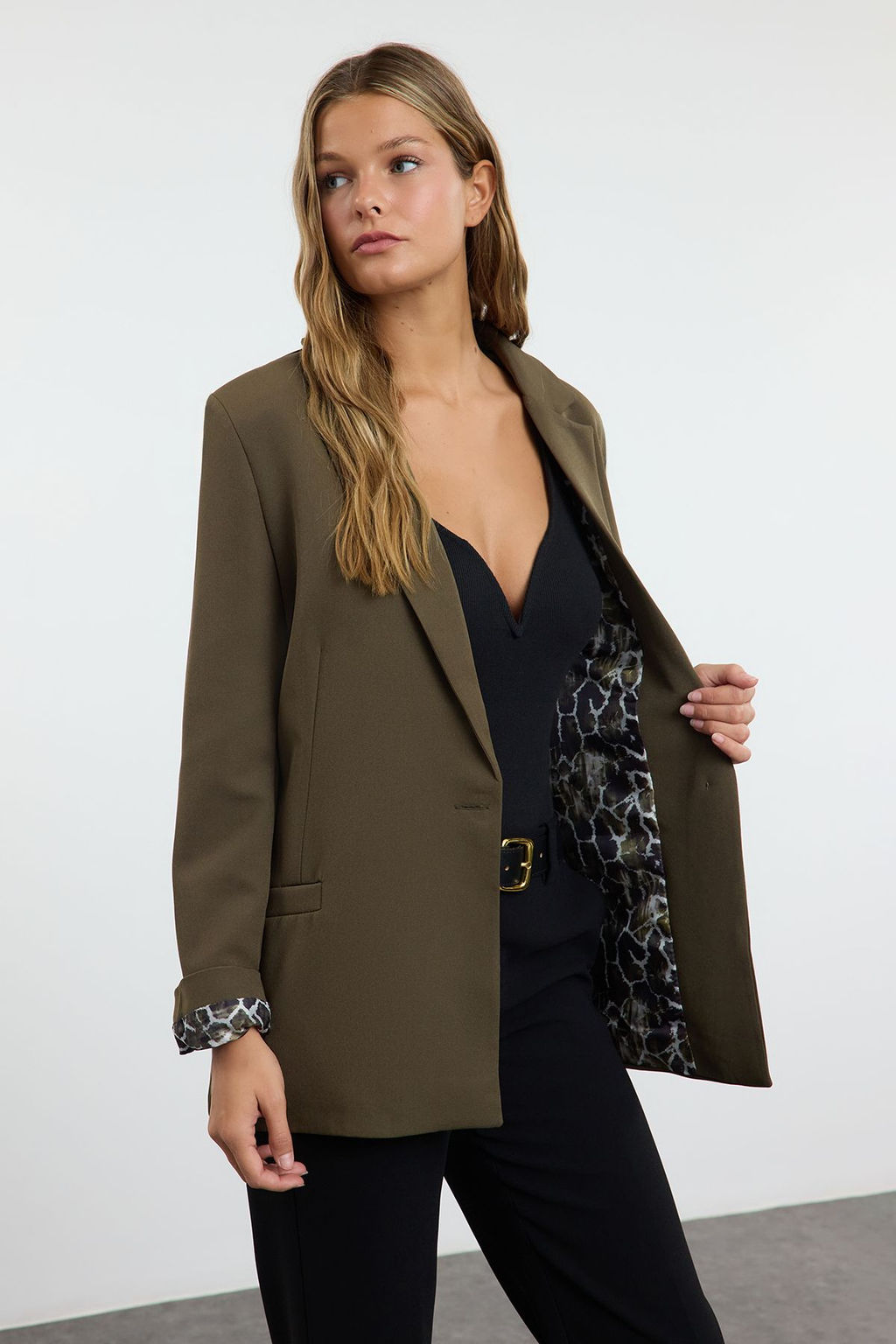 Koyu Haki Regular Astar Detayl? Dokuma Blazer Ceket TWOAW20CE0316