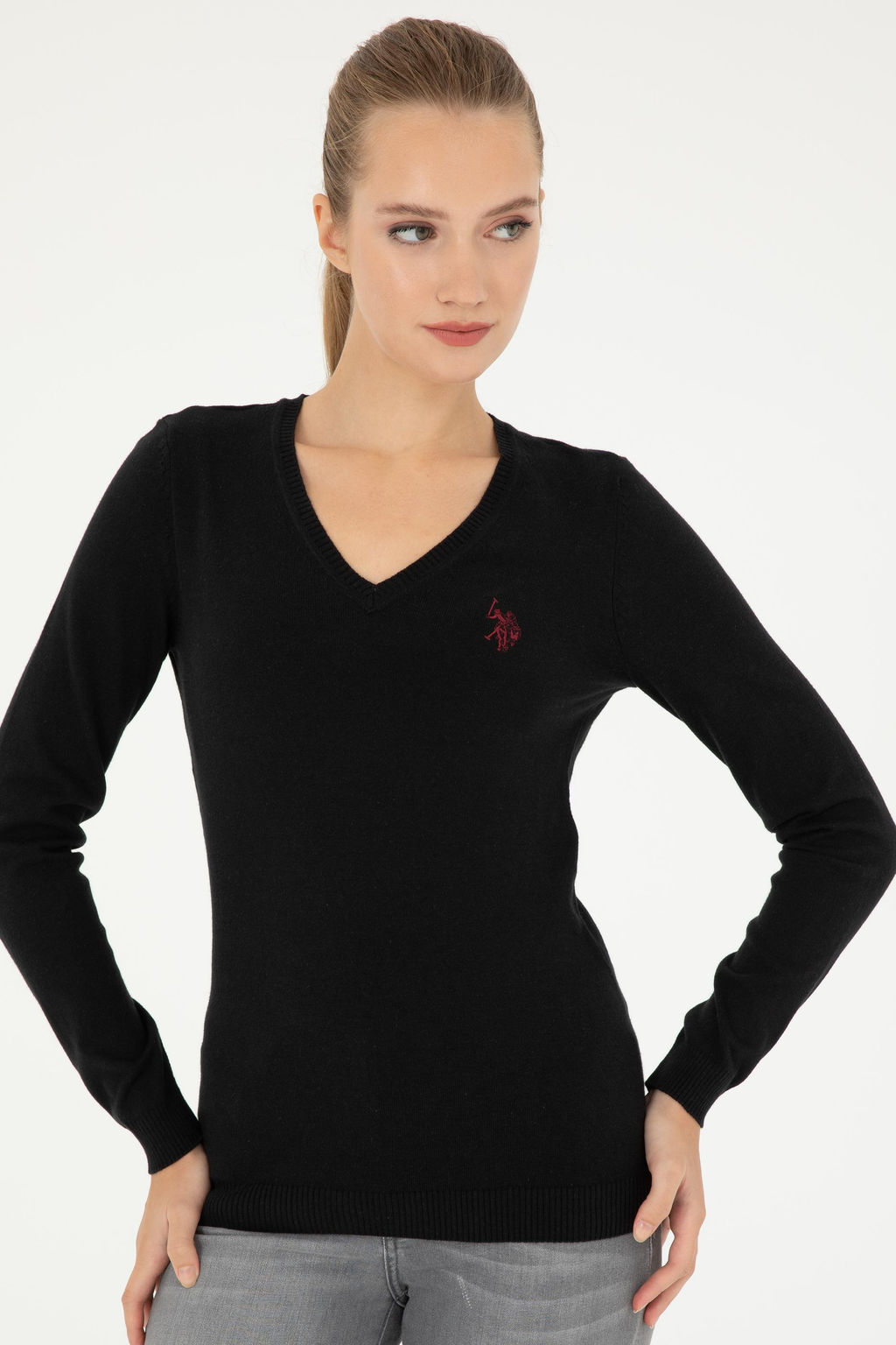 Женский черный базовый свитер с v-образным вырезом - U.s. polo assn фото 3