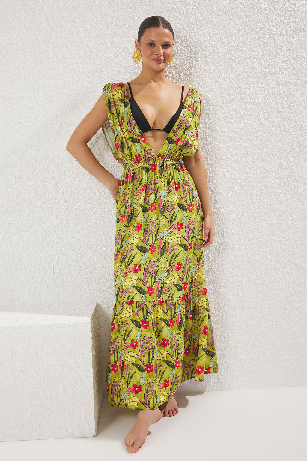 Cicek Desenli Dokuma S?rt Dekolteli %100 Pamuk Maxi Plaj Elbise TBESS25EL00100 - Trendyolmilla фото 5