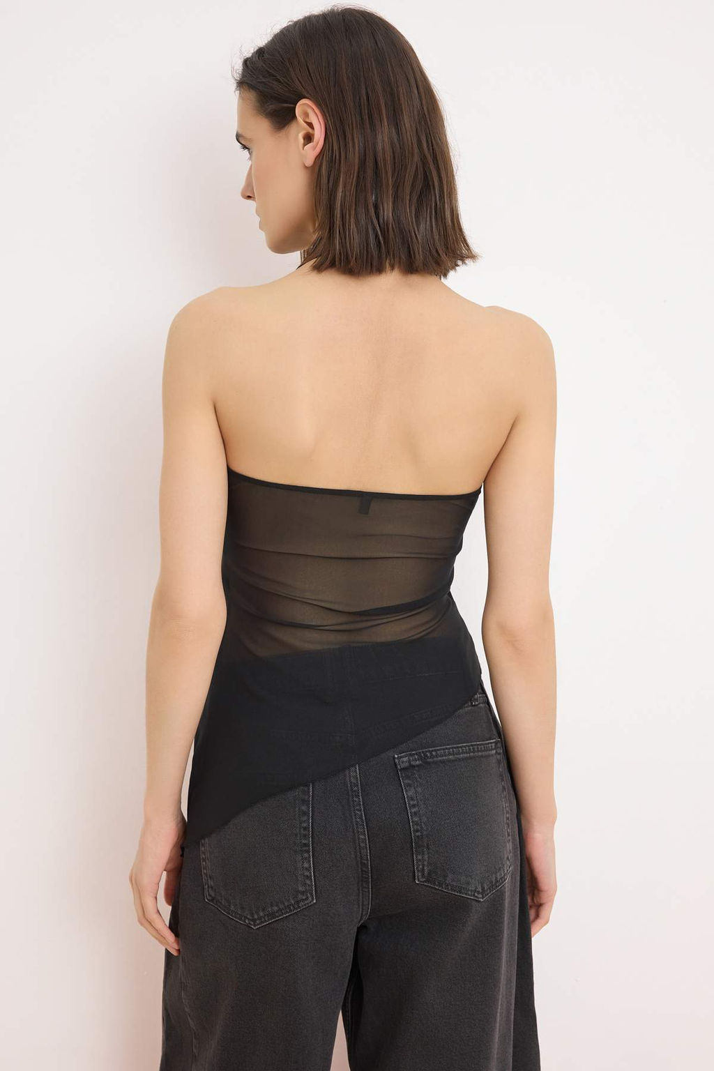 Siyah Degaje Yaka Asimetrik Kesim Tul Party Bluz TPRSS26BZ00029