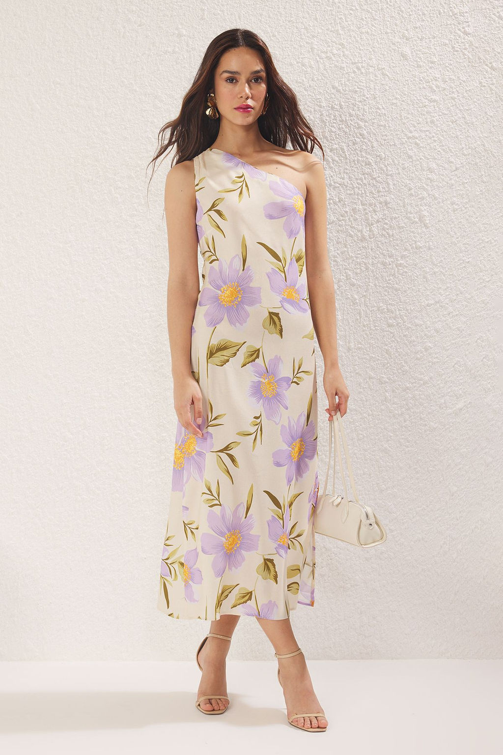 Lila Cicekli A Kesim Tek Kol Midi Dokuma Elbise TWOSS25EL00438 - Trendyolmilla фото 2