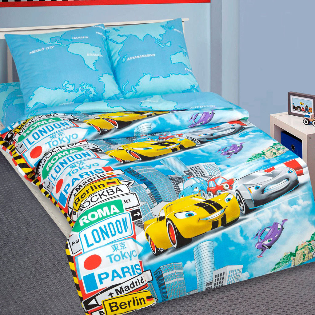 КПБ поплин 1,5 сп. с 1 нав. 70*70 с детским рисунком (молния) - Суперкар 1,5 сп. (1 нав.70x70)