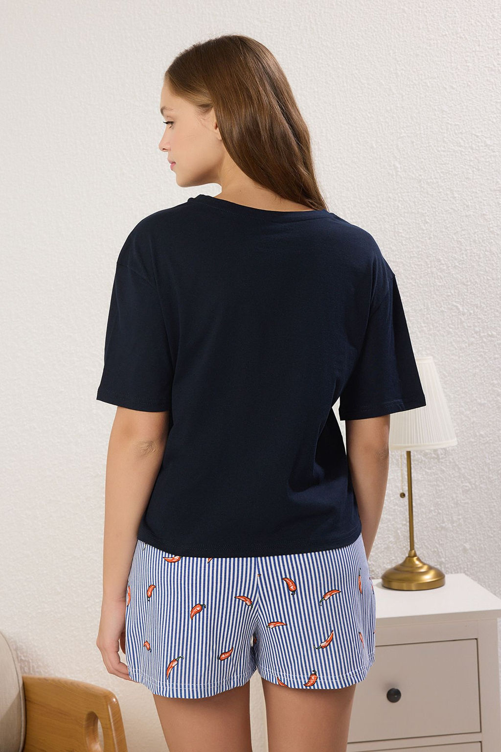 Trendyolmilla Beyaz %100 Pamuklu Cizgili Biber Desenli Sortlu Orme Pijama Tak?m? THMSS25PT00261 фото 5