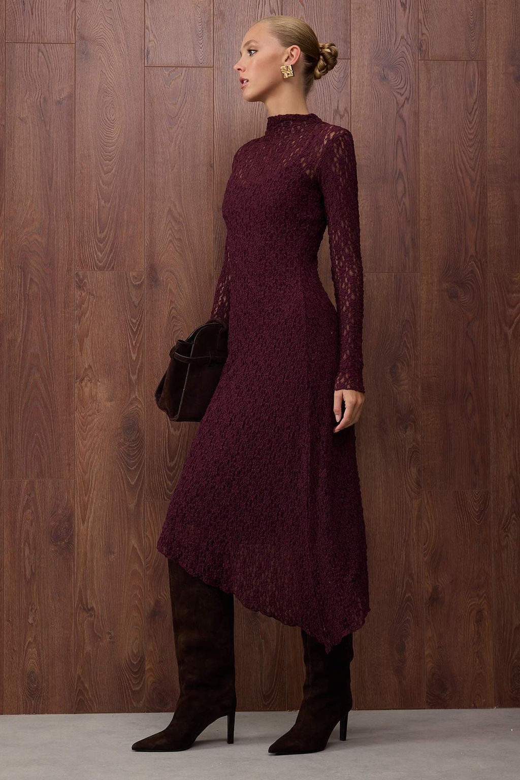 Ozel Koleksiyon Murdum Duz Asimetrik Bodycon/Vucuda Oturan Maxi Orme Dantel Elbise TWOAW26EL00057