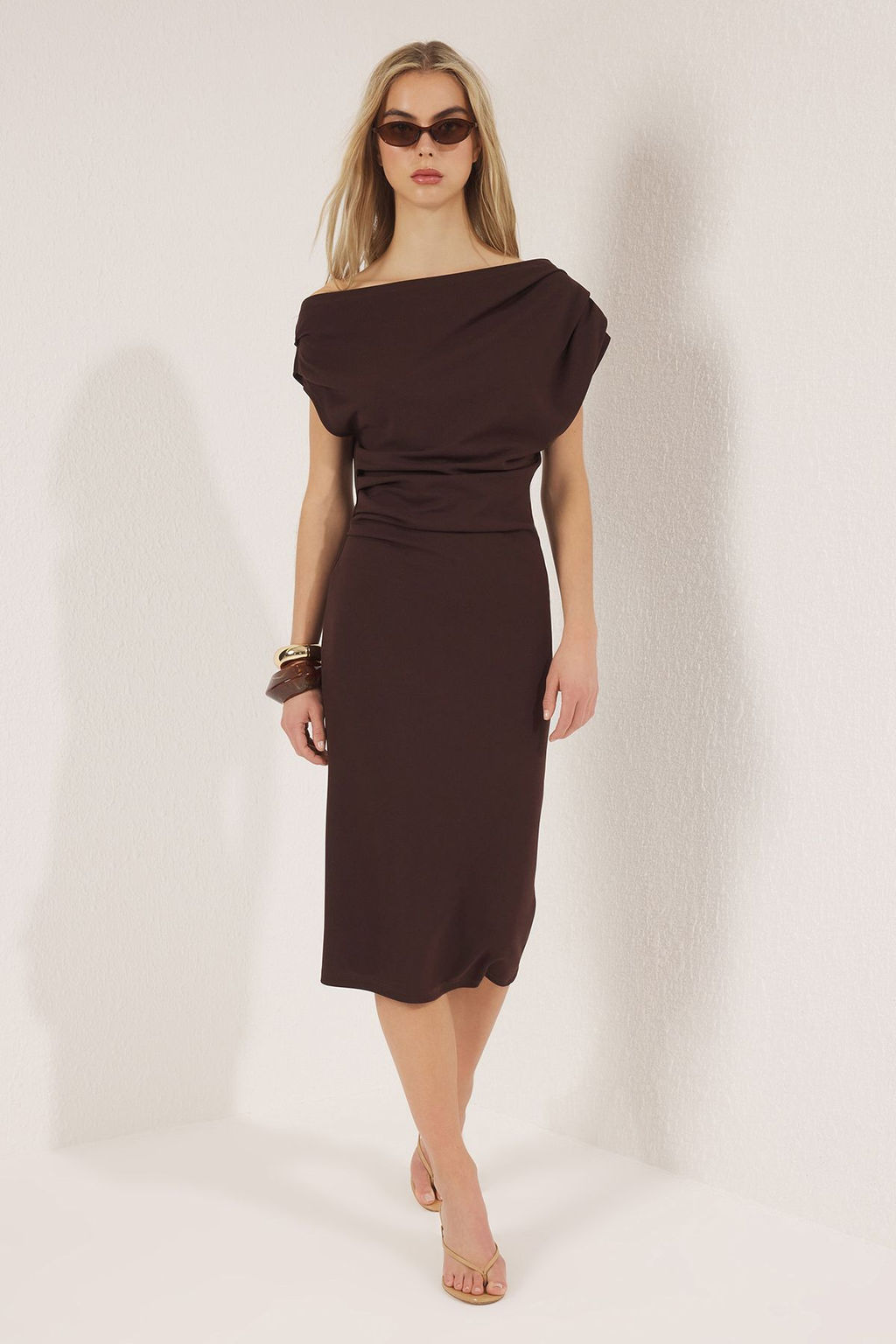 TRENDYOLMILLA Yag Yesili Midi Buzgu/Drape Detayl? Orme Elbise TWOSS25EL00780  фото 2