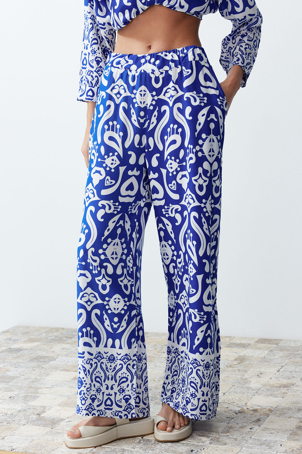 Mavi Zebra Desenli Dokuma Gomlek-Pantolon Tak?m TWOSS24AU00082