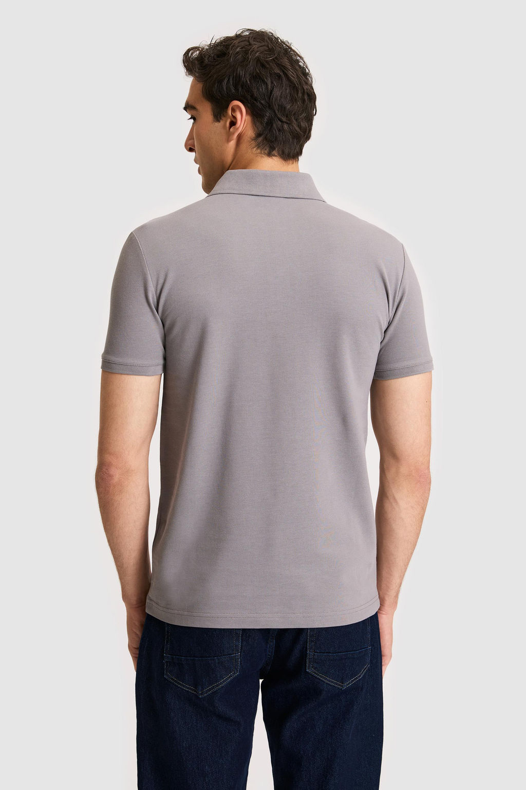 Erkek Slim Fit Polo Yaka Gri Basic Ti__rt