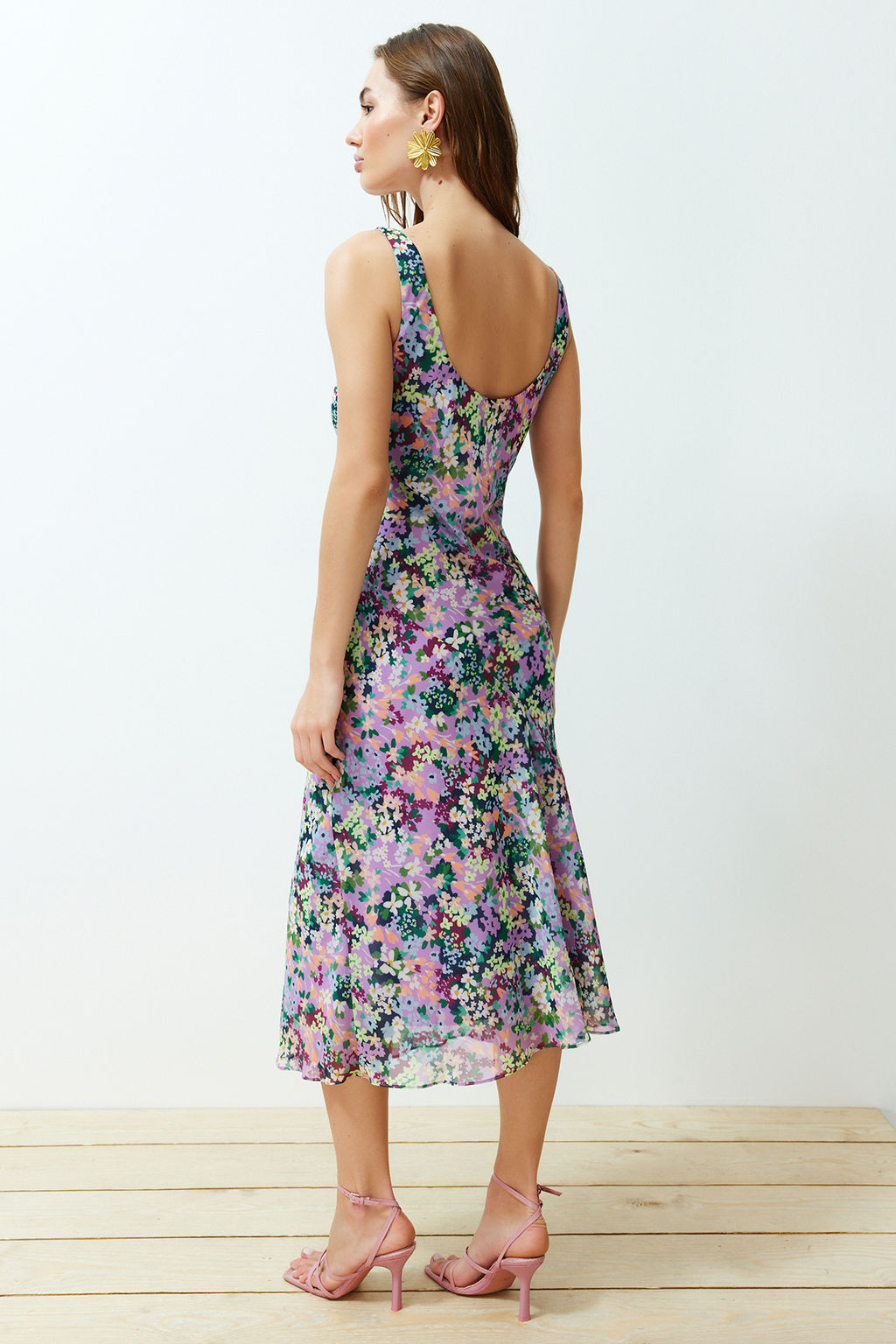 Cok Renkli Cicekli Sifon Astarl? Midi Dokuma Elbise TWOSS24EL00496 - Trendyolmilla фото 6