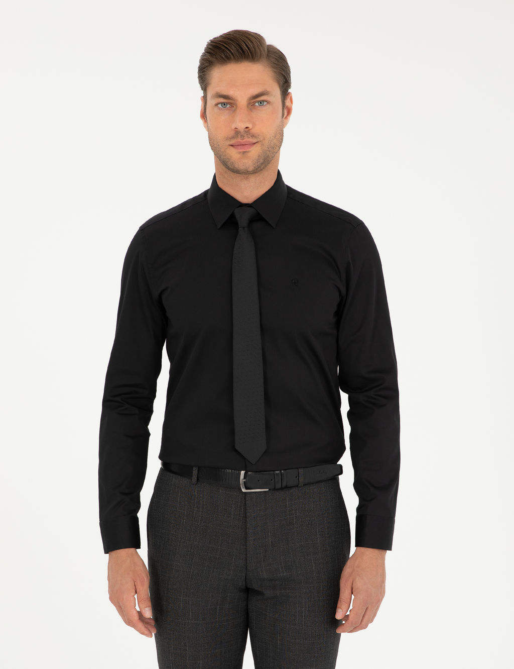 Siyah %100 Pamuk Parlak Saten Slim Fit Uzun Kollu Basic G_mlek