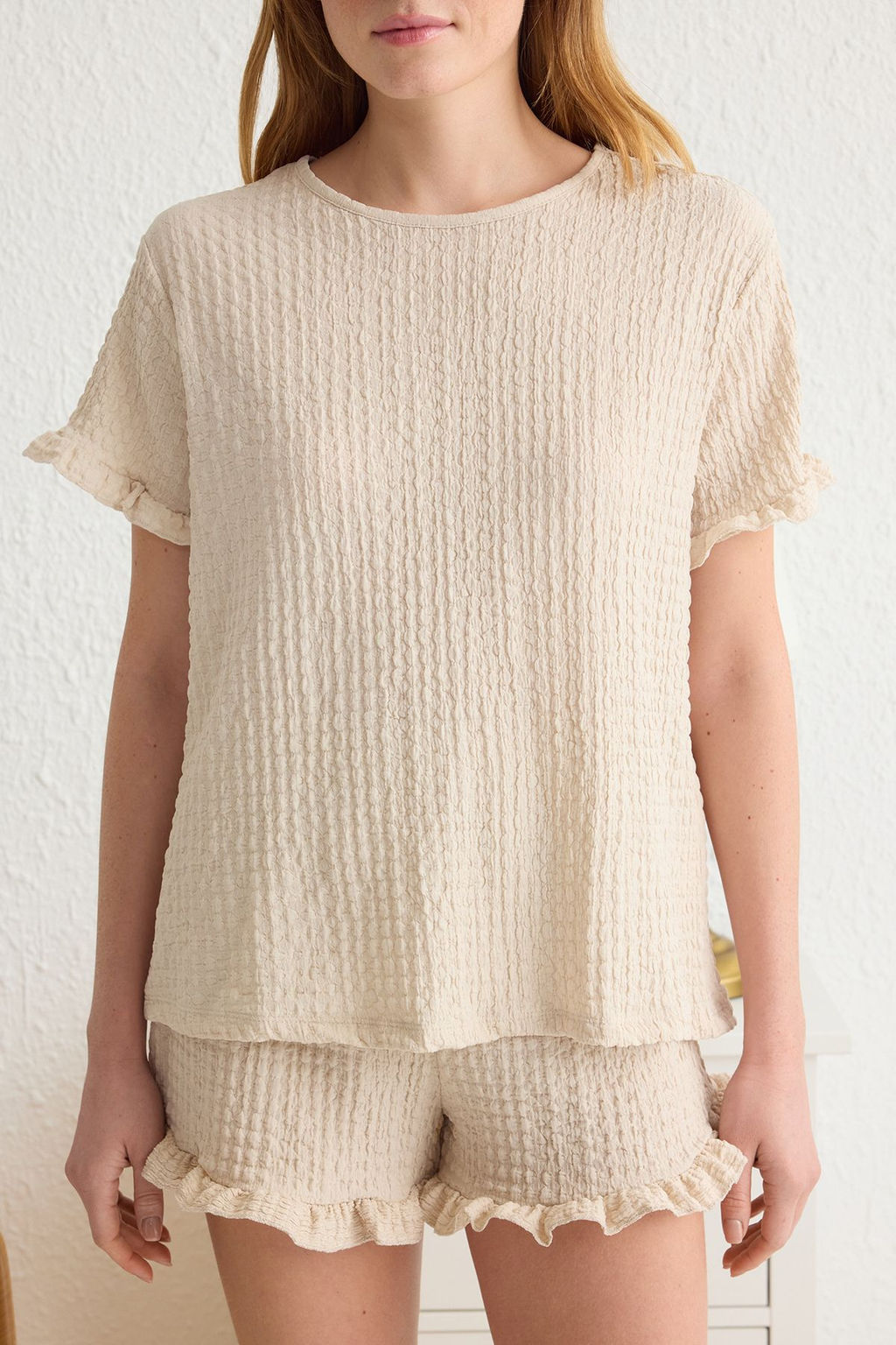 Trendyolmilla Ekru F?rf?rl? Burumcuk Sortlu Orme Pijama Tak?m? THMSS25PT00018  фото 3