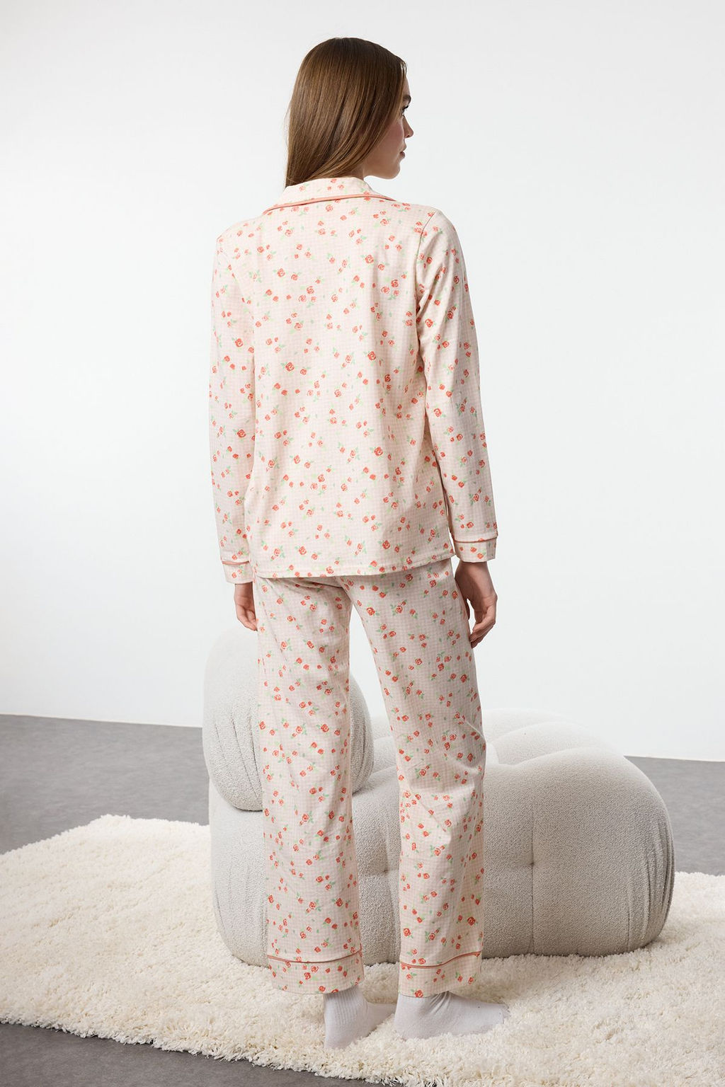 Trendyolmilla Pembe %100 Pamuklu Cicekli Biyeli Orme Pijama Tak?m? THMAW25PT00202 фото 5