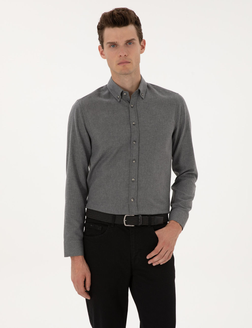 Gri Flanel Dokulu Slim Fit Uzun Kollu G_mlek - Pierre cardin фото 3