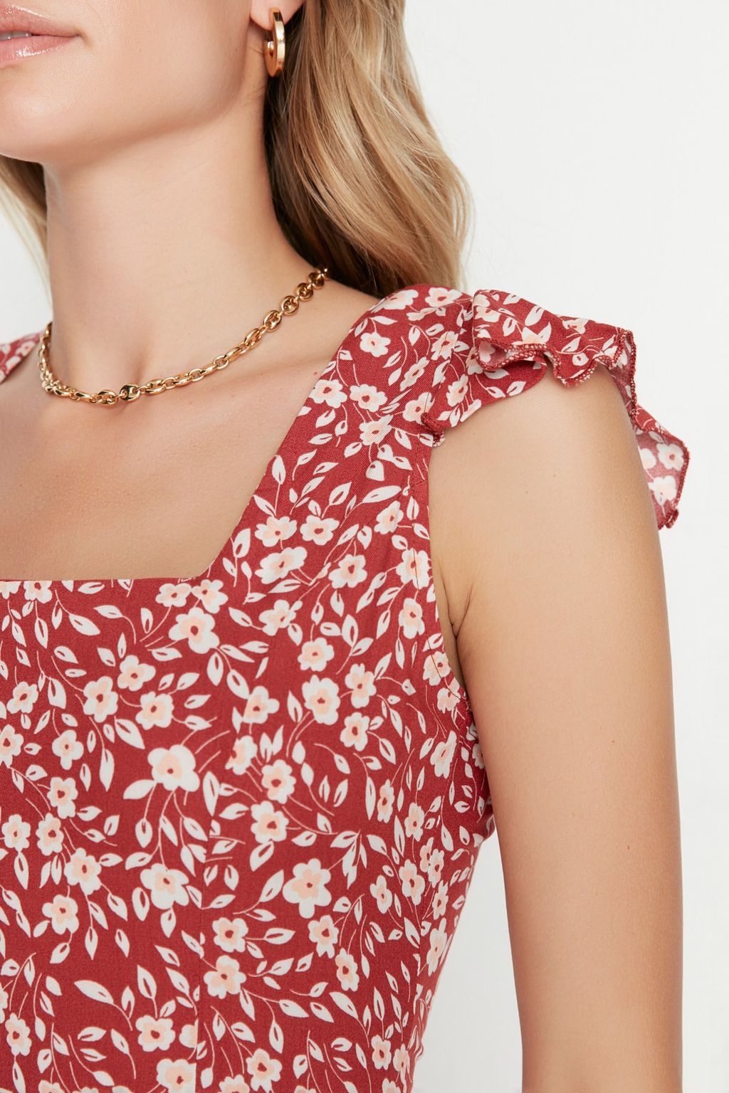 Kiremit Cicek Desenli Kare Yaka A Kesim Viskon Midi Dokuma Elbise TWOSS20EL3331