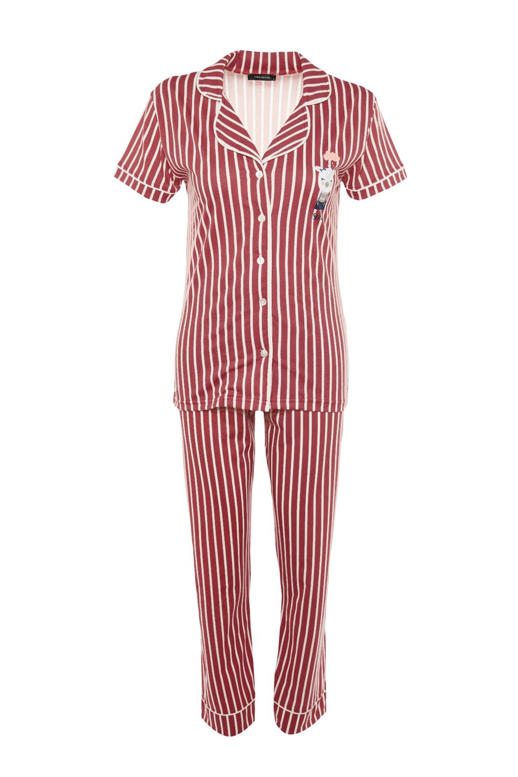 Trendyolmilla Pembe Cizgili Hayvan Bask?l? Gomlek-Pantolon Orme Pijama Tak?m? THMSS21PT0878