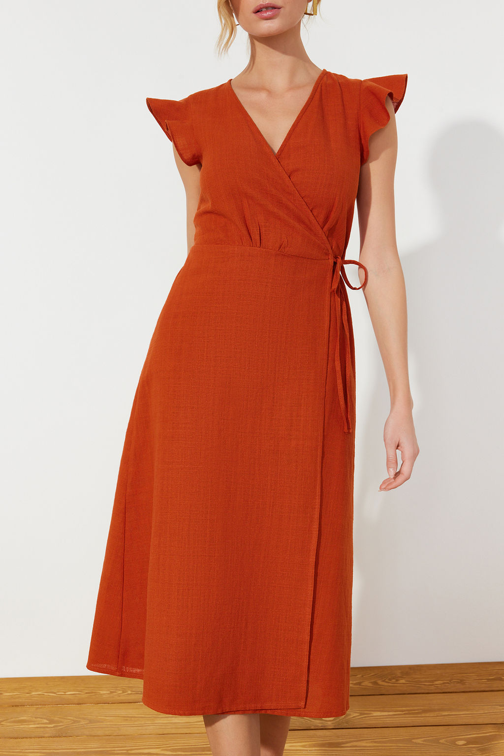 Kiremit Kruvaze F?rf?r Detayl? Keten Gorunumlu Midi Dokuma Elbise TWOSS24EL00071 - Trendyolmilla фото 4