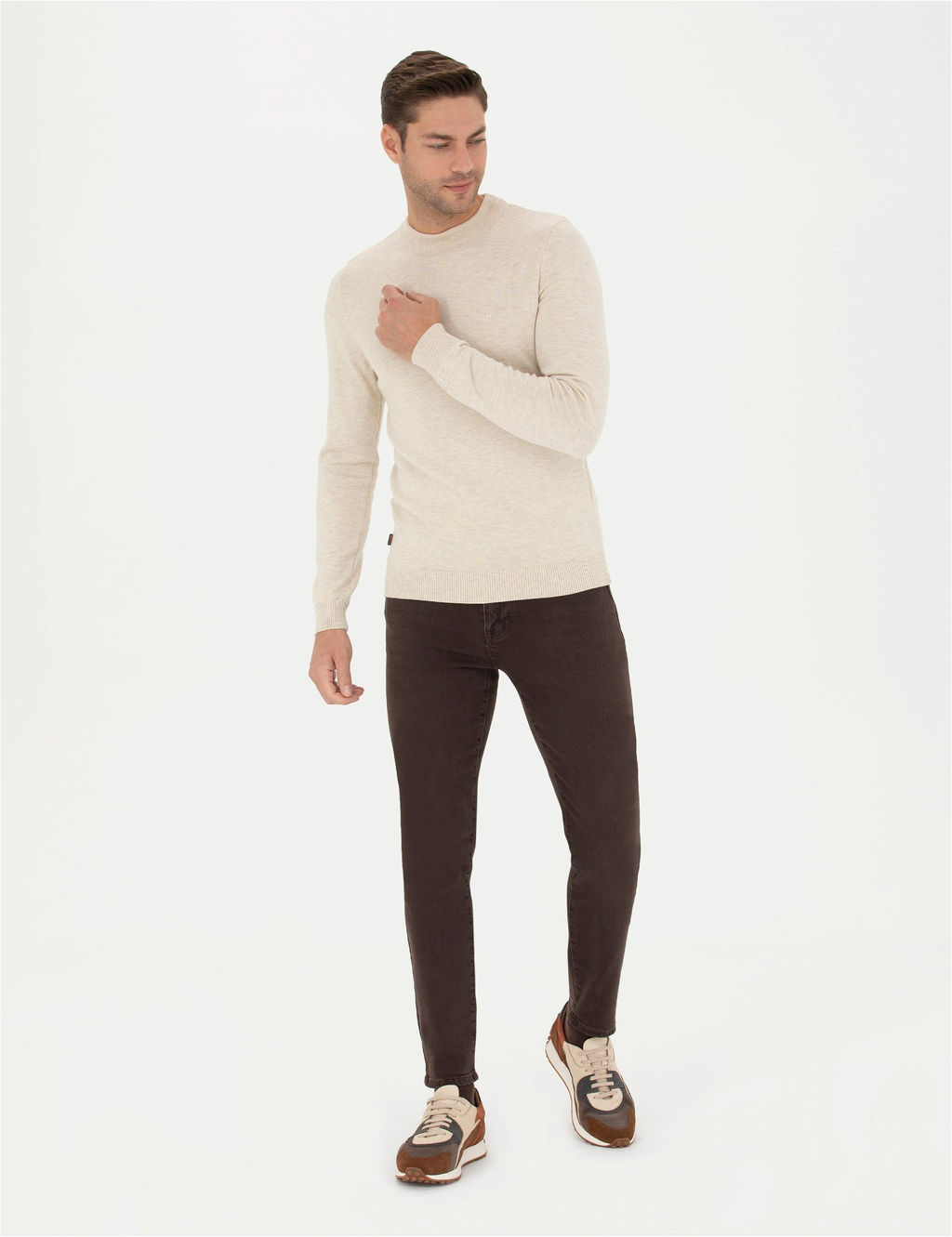 Krem Melanj Slim Fit Yar_m Bal_k__ Yaka Basic Triko Kazak