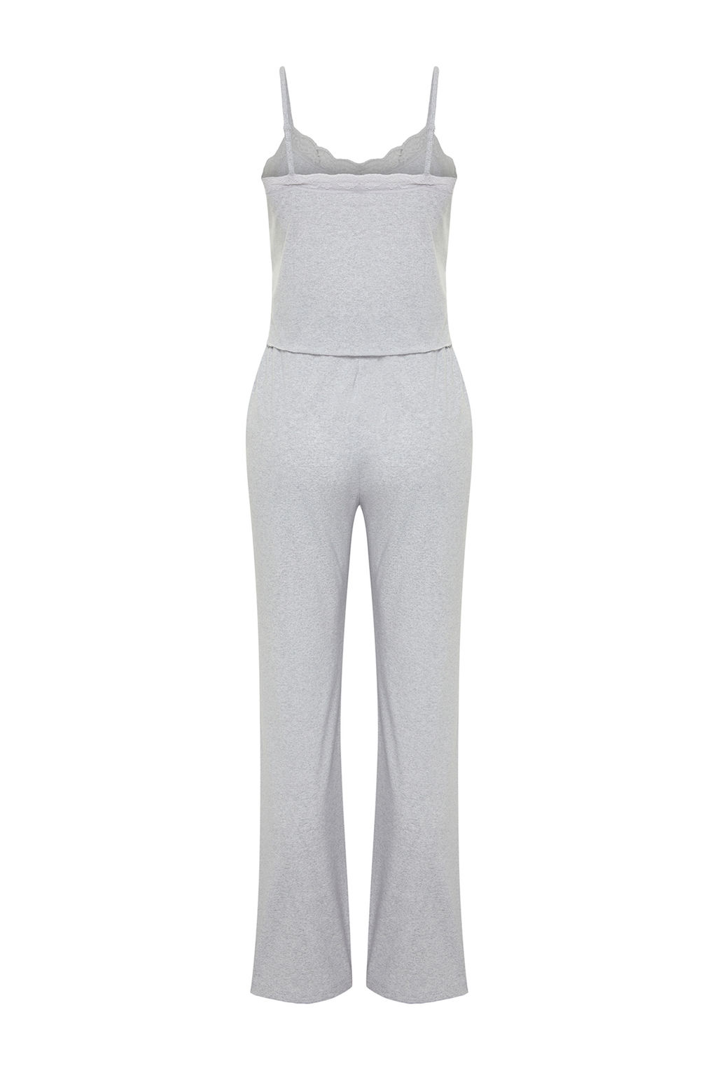 Trendyolmilla Gri Melanj Dantelli, F?rf?r ve Y?rtmac Detayl? Ip Ask?l? Orme Pijama Tak?m? THMSS24PT00005