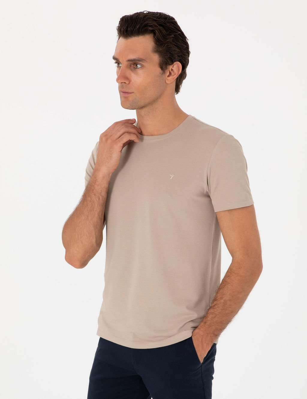 Bej Slim Fit Bisiklet Yaka Pamuklu T-shirt