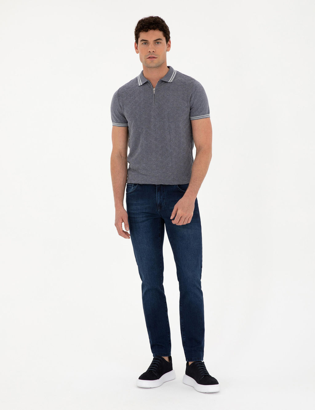 _ndigo Slim Fit Fermuarl_ Polo Yaka Keten Kar___ml_ Triko Ti__rt