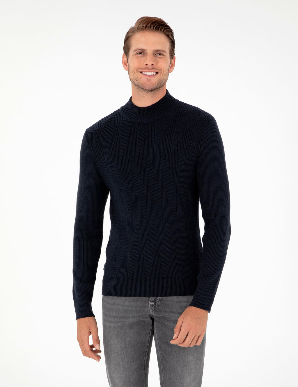 Lacivert Slim Fit Yar_m Bal_k__ Yaka Y_n Kar___ml_ Triko Kazak