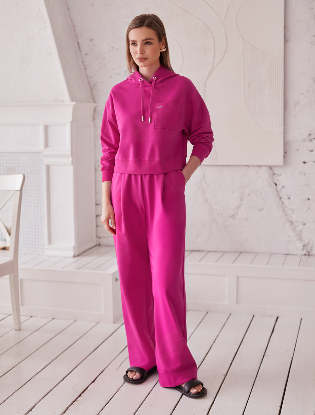 Брюки Vilatte свободные футер-двухнитка фуксия  фото 5