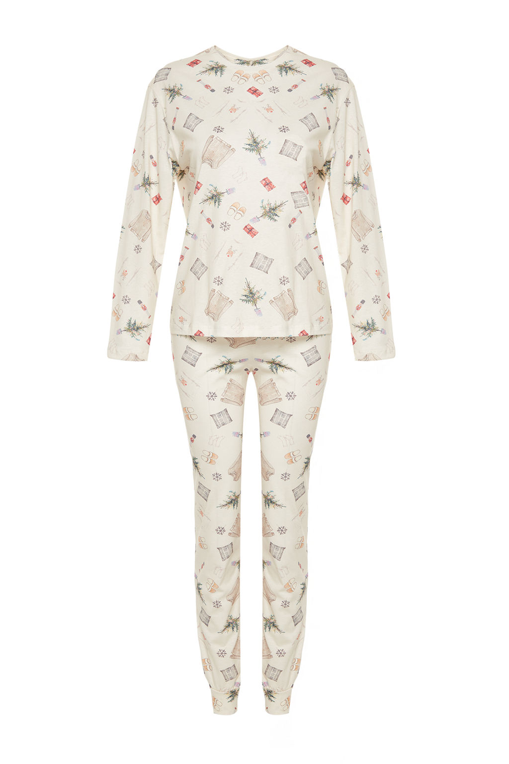 Trendyolmilla Krem %100 Pamuklu K?s Temal? Orme Pijama Tak?m? THMAW24PT00118