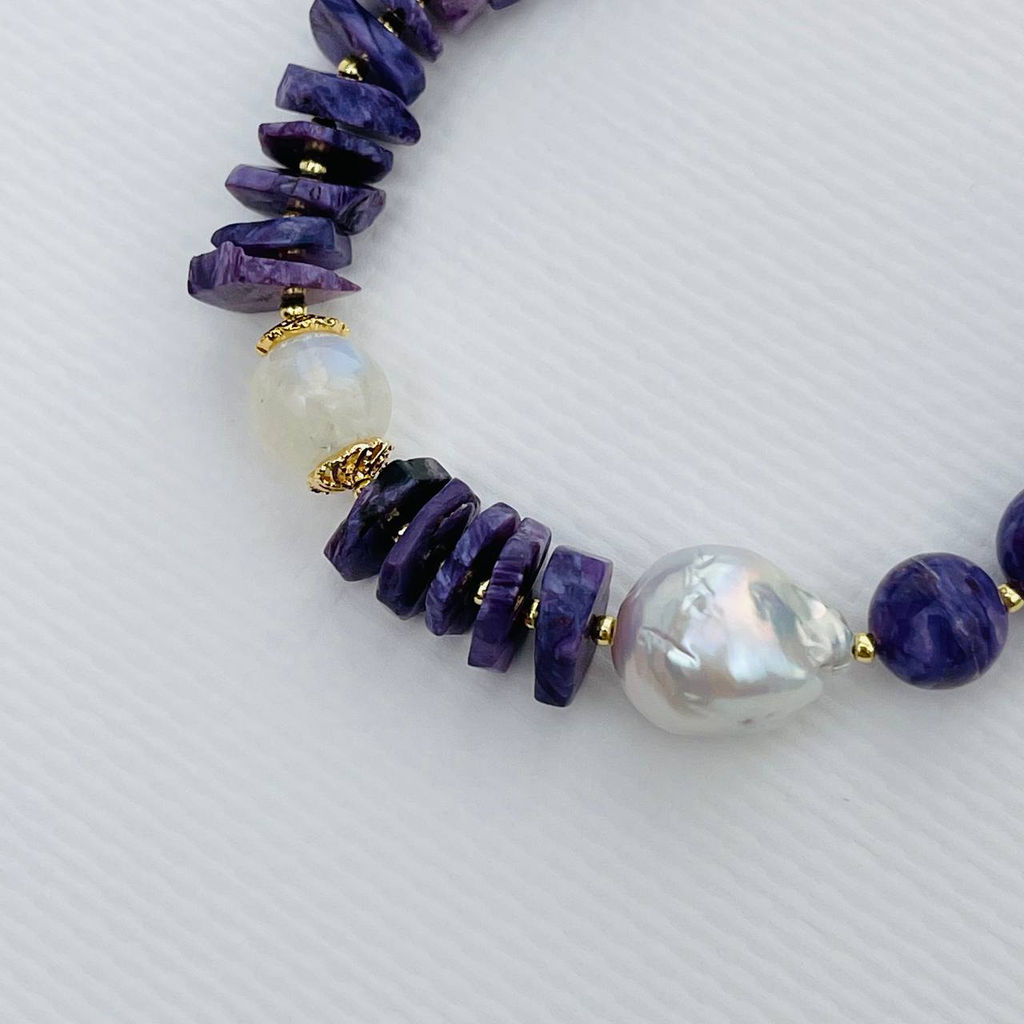 Браслет из Чароита, Жемчуга и Лунного камня