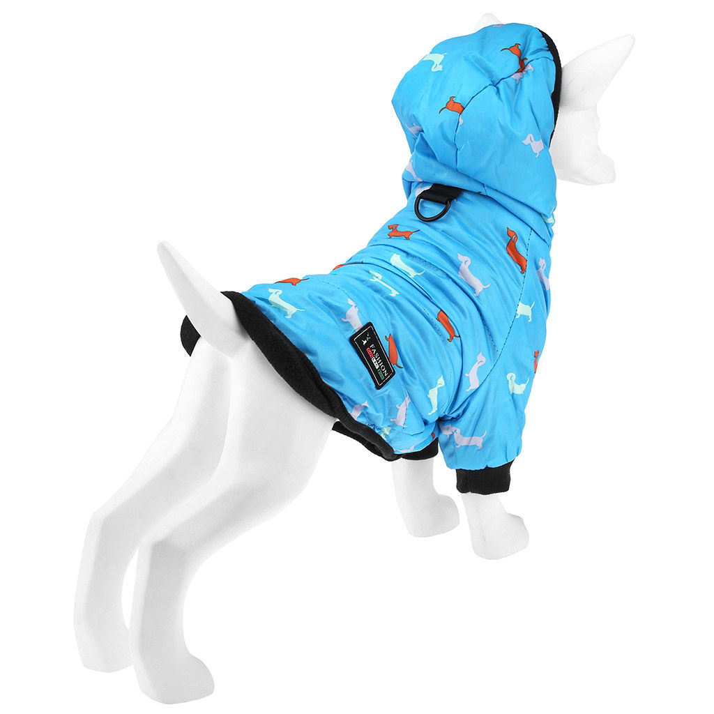 Пэт тойс (Pet toys) Одежда для собаки Куртка с капюшоном, с метал. кольцом, с принтом, на кнопках, р-р L, длина спинки 27см/обхват груди 38см/обхват шеи 32см, цвет-голубой, плащевка/синтепон/флис (100% полиэстер) (Китай) - Домашняя мода фото 3