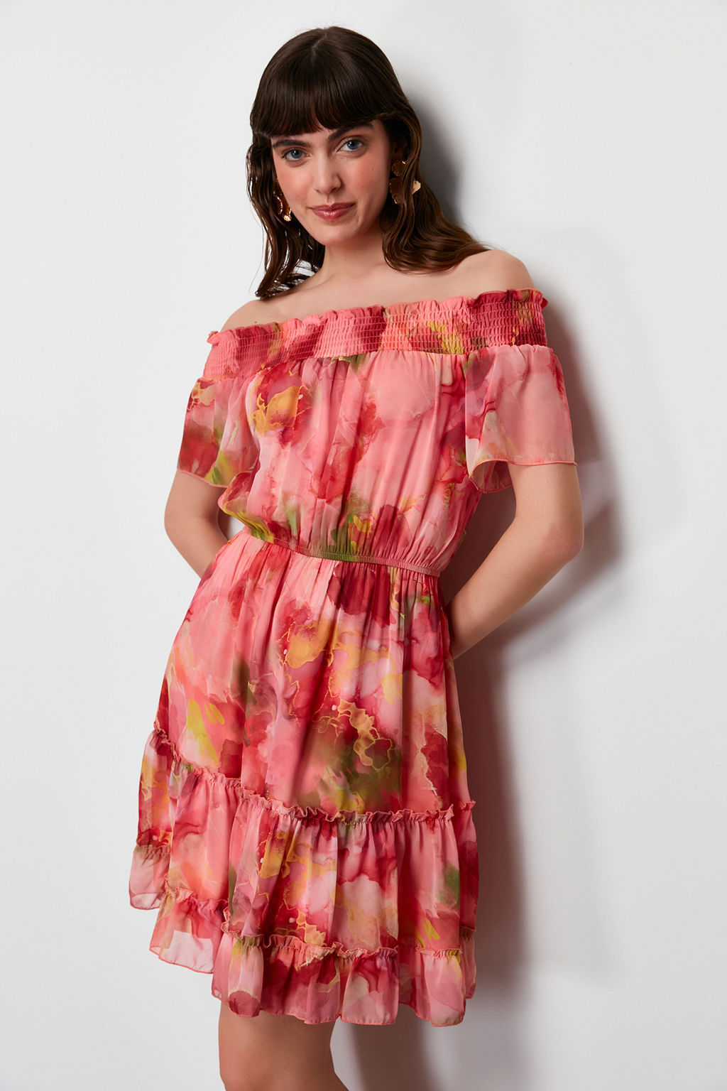 Pembe Cicekli Etegi Belden Ac?lan Gipe Detayl? Madonna Yaka Mini Dokuma Elbise TWOSS24EL00746 - Trendyolmilla фото 3