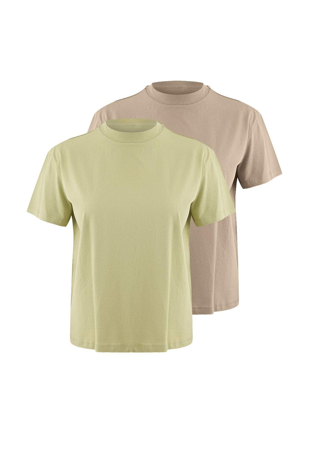 Yag Yesili-Gri 2li Paket %100 Pamuk Basic Dik Yaka Orme T-Shirt TWOSS20TS1500