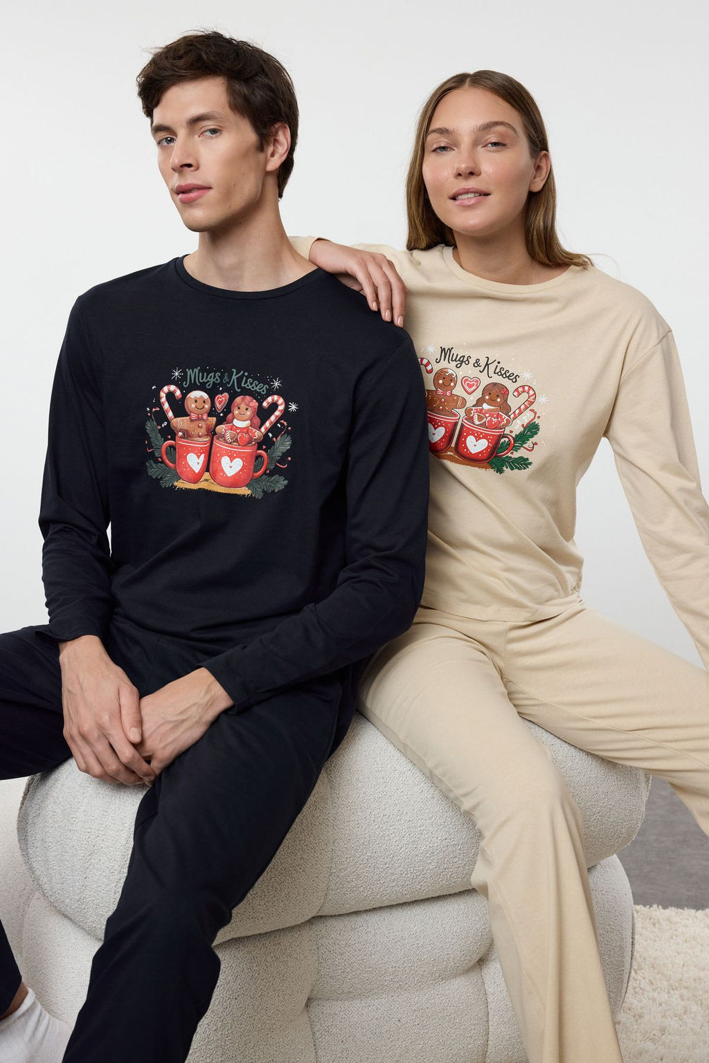 Trendyolmilla Kad?n Couple/Cift Bej %100 Pamuklu K?s Temal? Orme Pijama Tak?m? THMAW25PT00162  фото 2