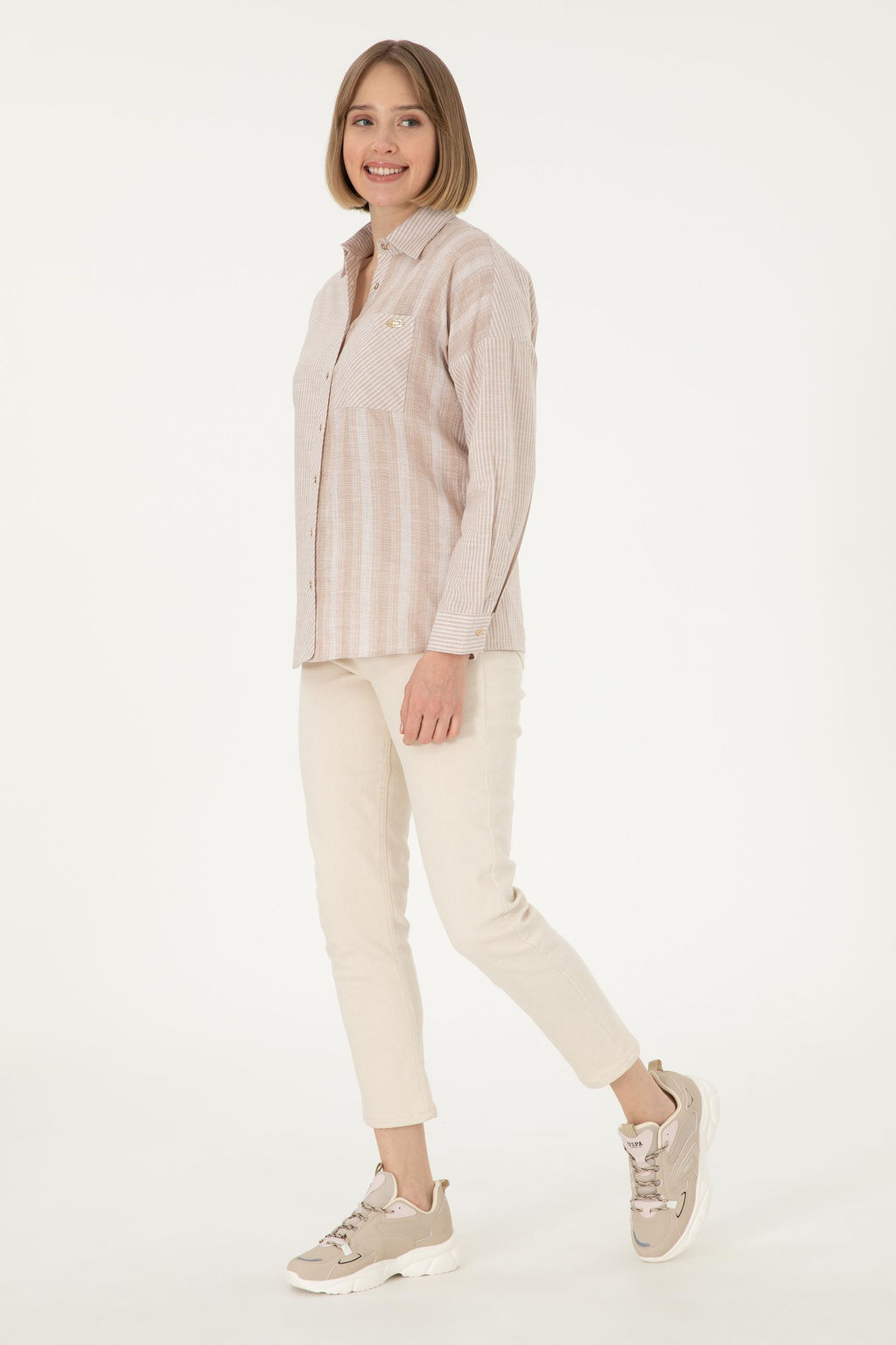 Женская рубашка песочного цвета с длинным рукавом Неожиданная скидка в корзине - U.s. polo assn фото 4