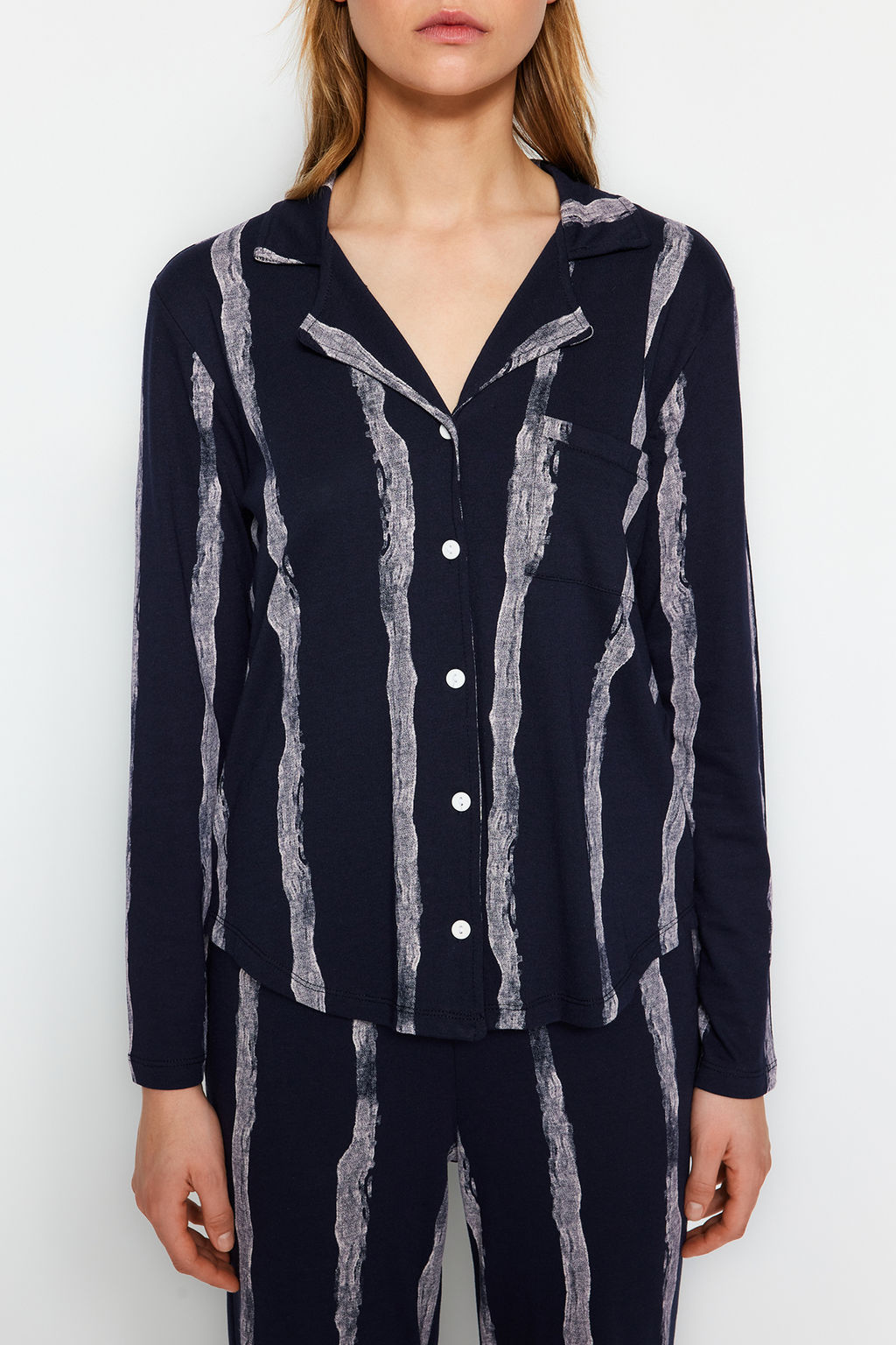 Trendyolmilla Premium Lacivert Pamuklu Cizgili Gomlek-Pantolon Orme Pijama Tak?m? THMAW24PT00213  фото 5