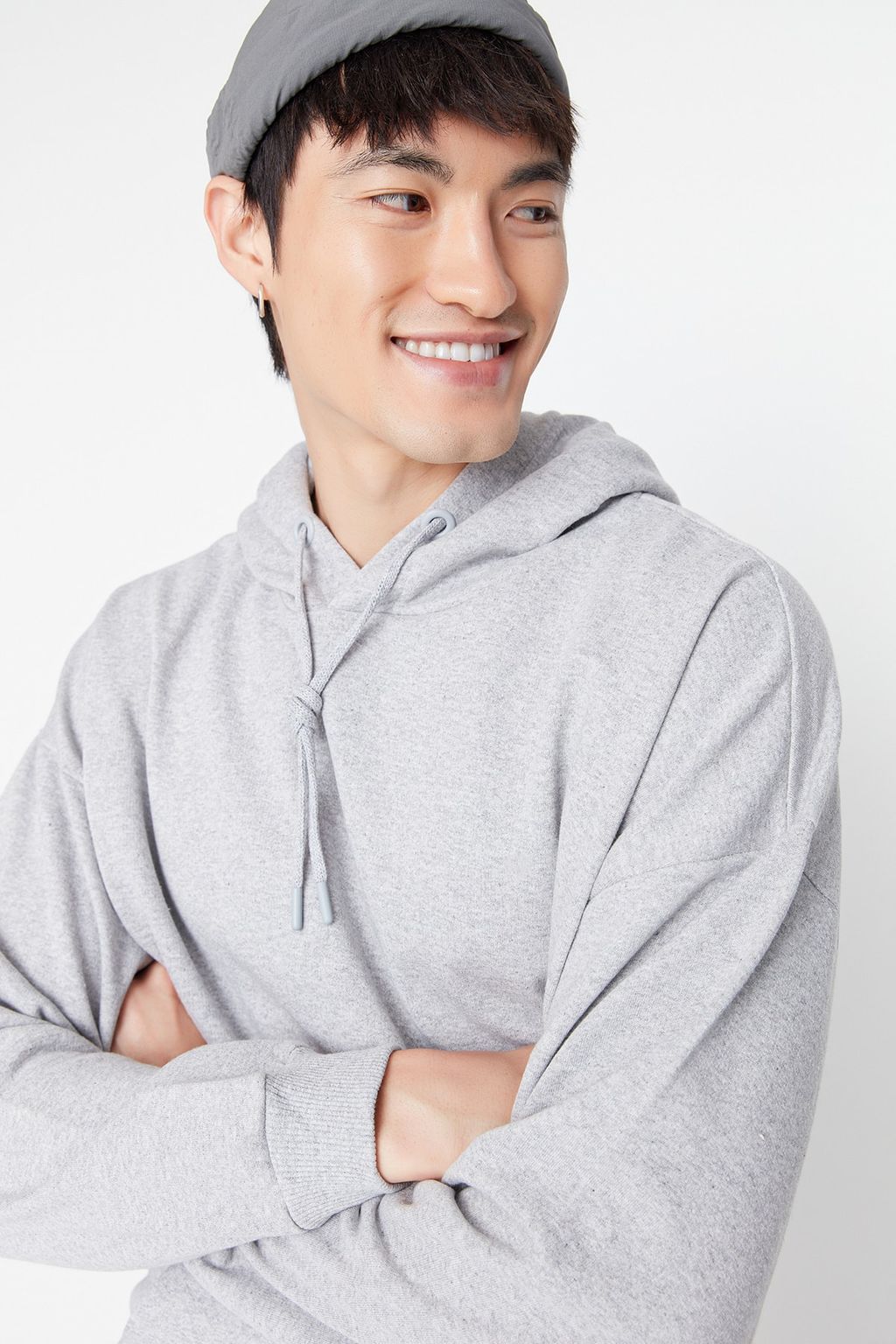 Gri Melanj Oversize/Genis Kesim Kapusonlu Ici Polar/S?cak Tutan Sweatshirt TMNAW23SW00195