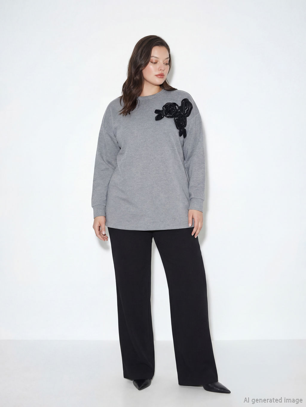 ?i?ek Aplikeli Oversize Kad?n Sweatshirt Tunik