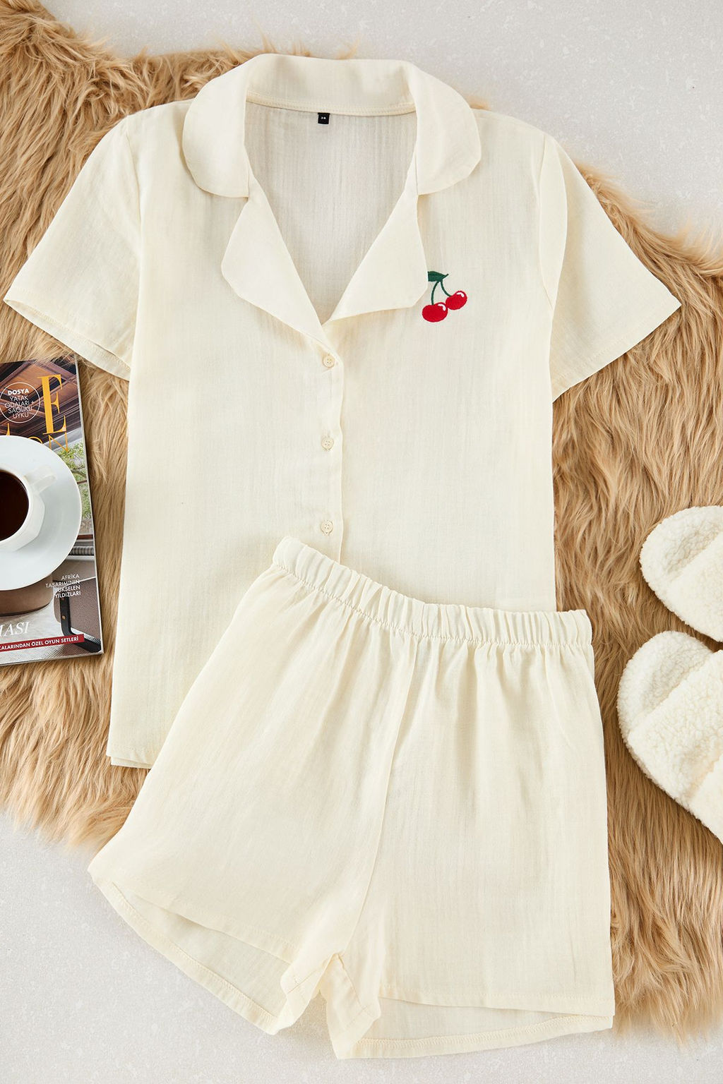 Trendyolmilla Lila %100 Pamuklu Papatya Nak?sl? Muslin Sortlu Dokuma Pijama Tak?m? THMSS25PT00032  фото 6