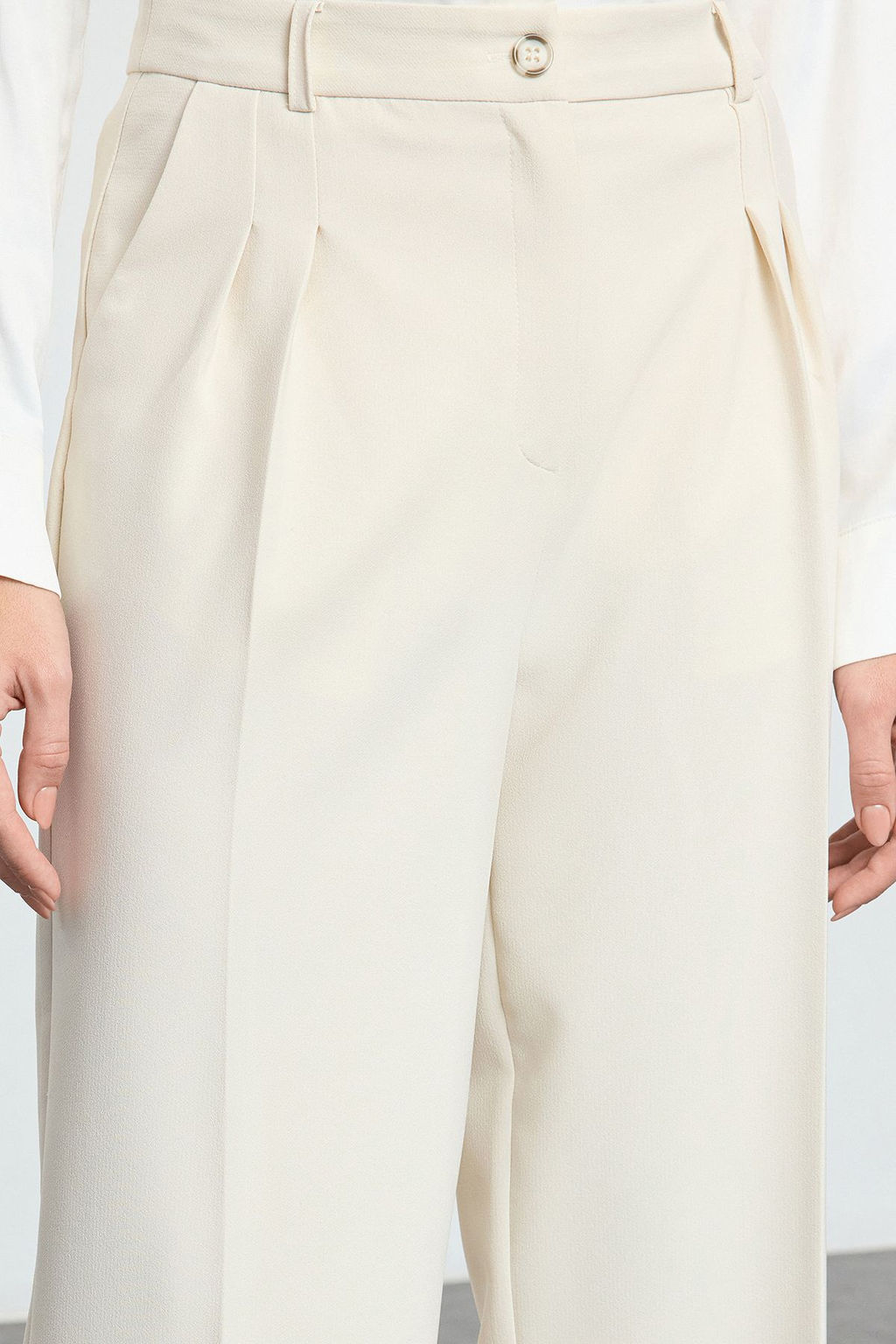Ekru Pilili Wide Leg/Genis Paca Dokuma Pantolon TWOAW25PL00109 Palazzo