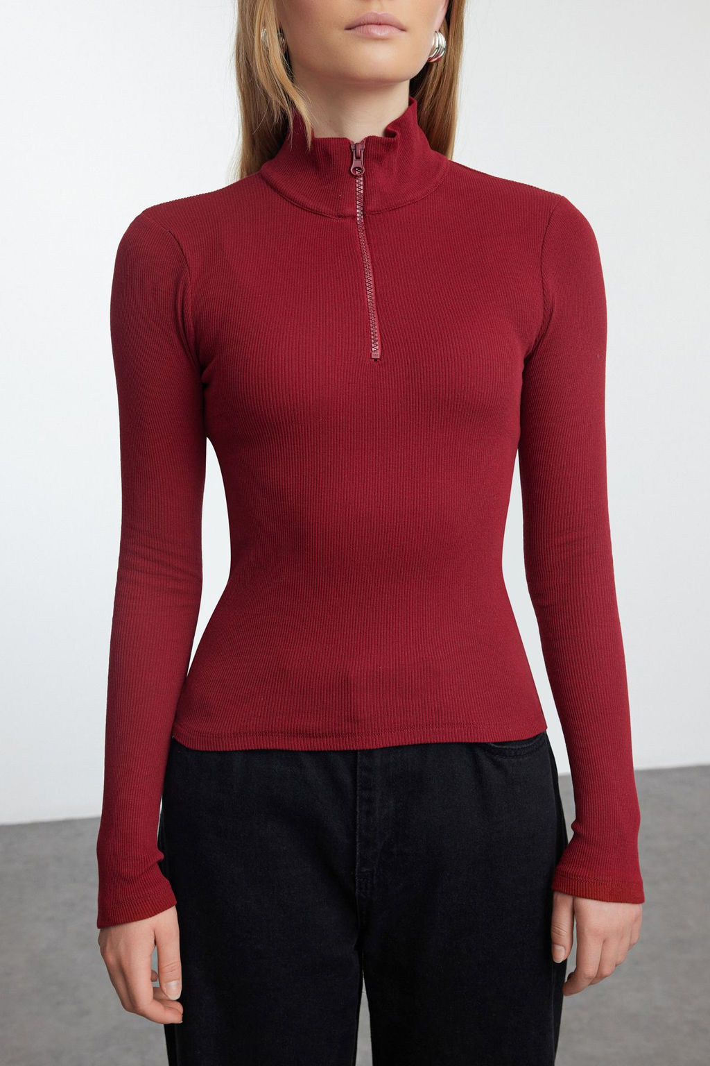 Bordo Fitted/vucuda Oturan Fermuarl? Yaka Esnek Orme Bluz TWOAW25BZ00163