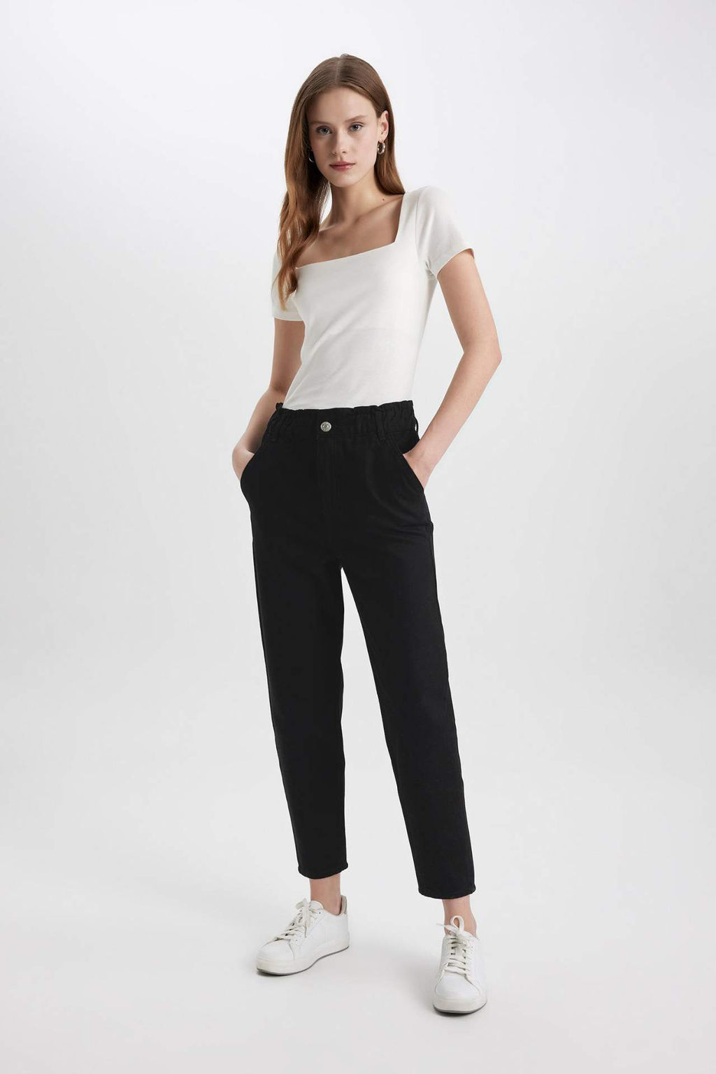 Paperbag Gabardin Pantolon Yuksek Bel Cepli Basic Duz Standart Paca - Defacto фото 7
