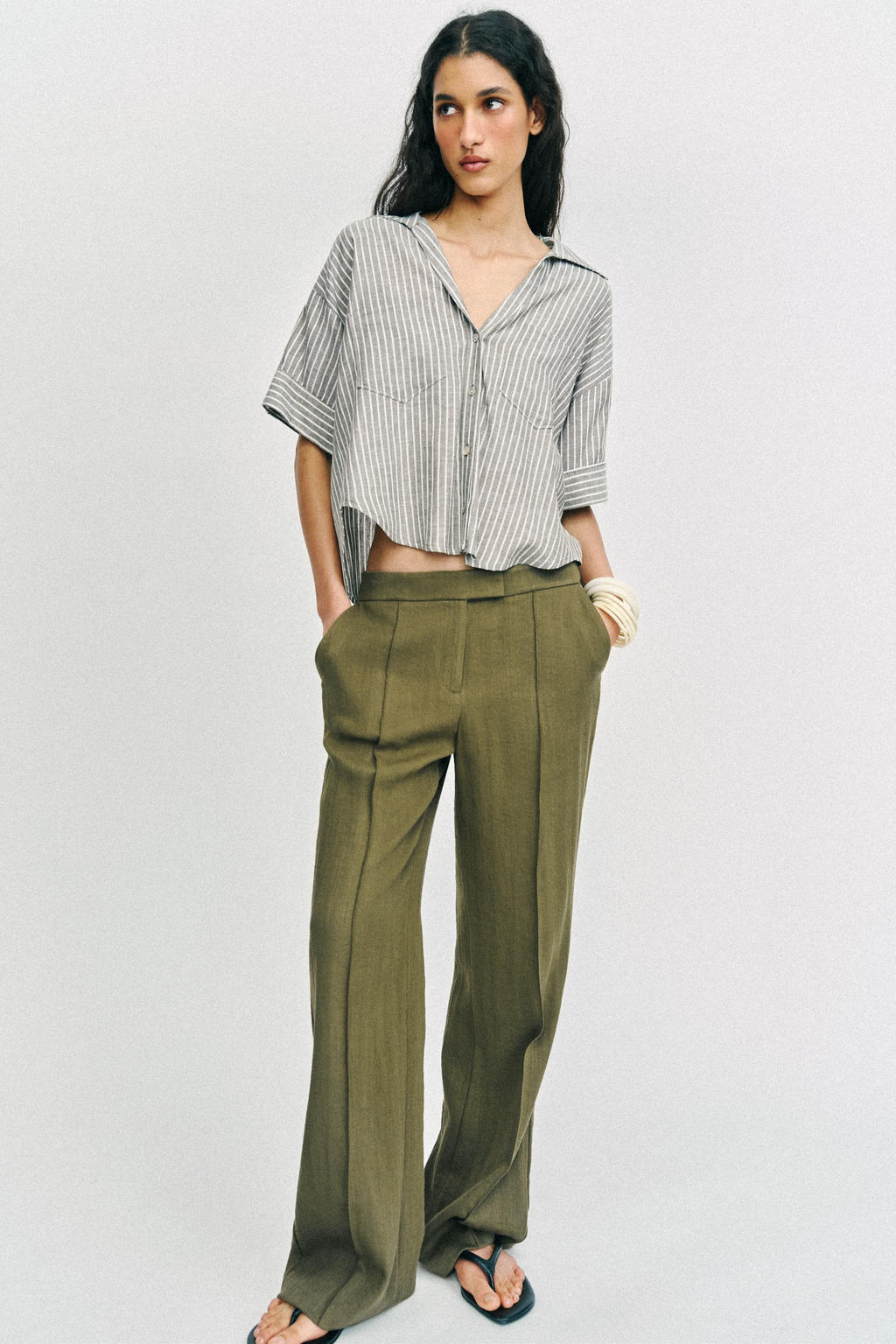 CAMISA RAYAS CON LINO / Khaki - Zara фото 4
