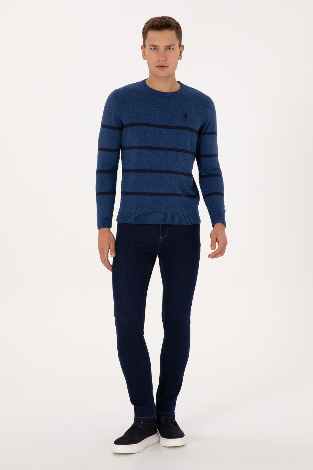 Erkek Slim Fit Bisiklet Yaka _izgili A__k Lacivert Kazak - U.s. polo assn фото 4