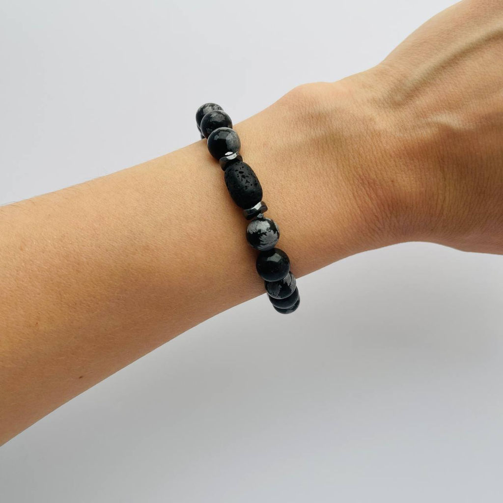 Браслет из снежного Обсидиана и Лавы 17 см