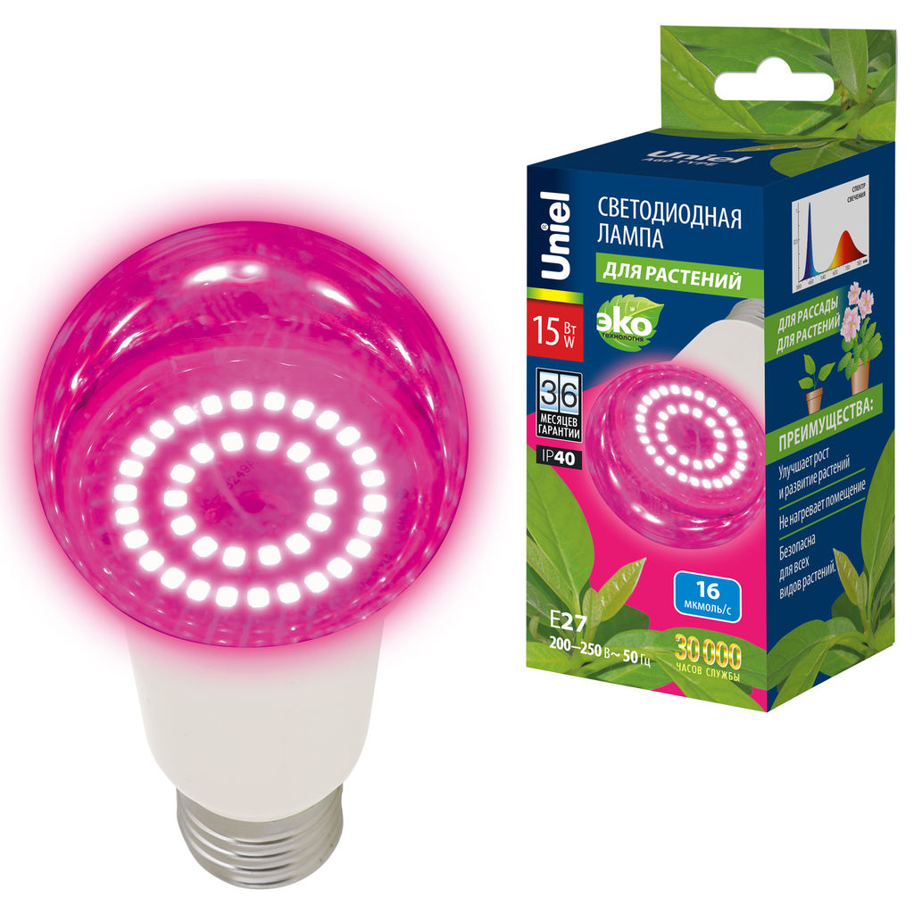 LED-A60-15W/SPSB/E27/CL PLP30WH Лампа светодиодная для растений. Форма "A", прозрачная. Спектр для рассады и цветения. Картон. ТМ Uniel