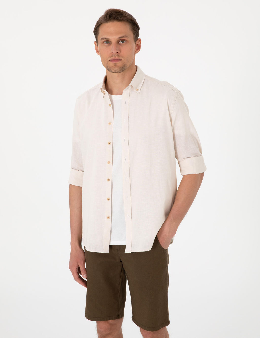 Рубашка Pierre Cardin Regular Fit бежевая с льном