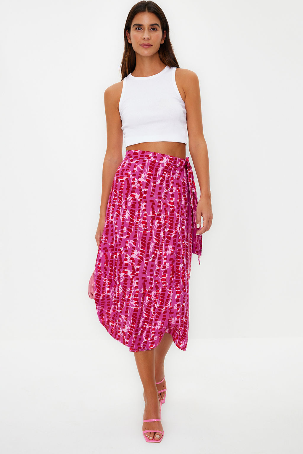 Mor Desenli Kruvaze Viskon Kumas Midi Boy Dokuma Etek TWOSS23ET00294