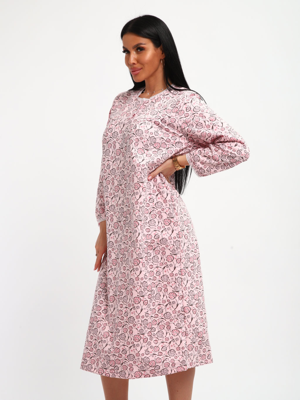 М37 Сорочка теплая футер (листья на розовом новый)